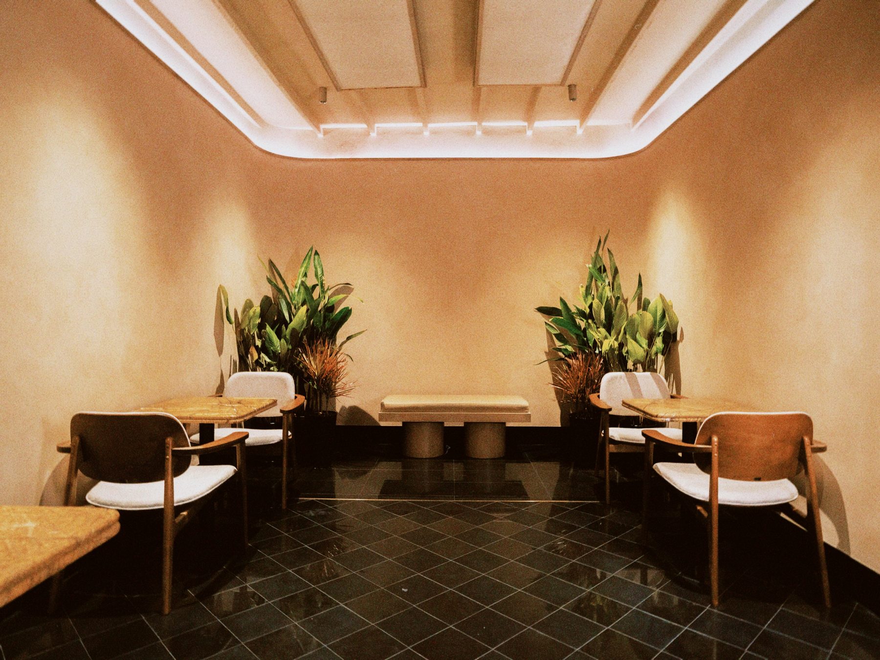 The main room at RAK BKK under a warm lit ceiling, set with wooden chairs and plants